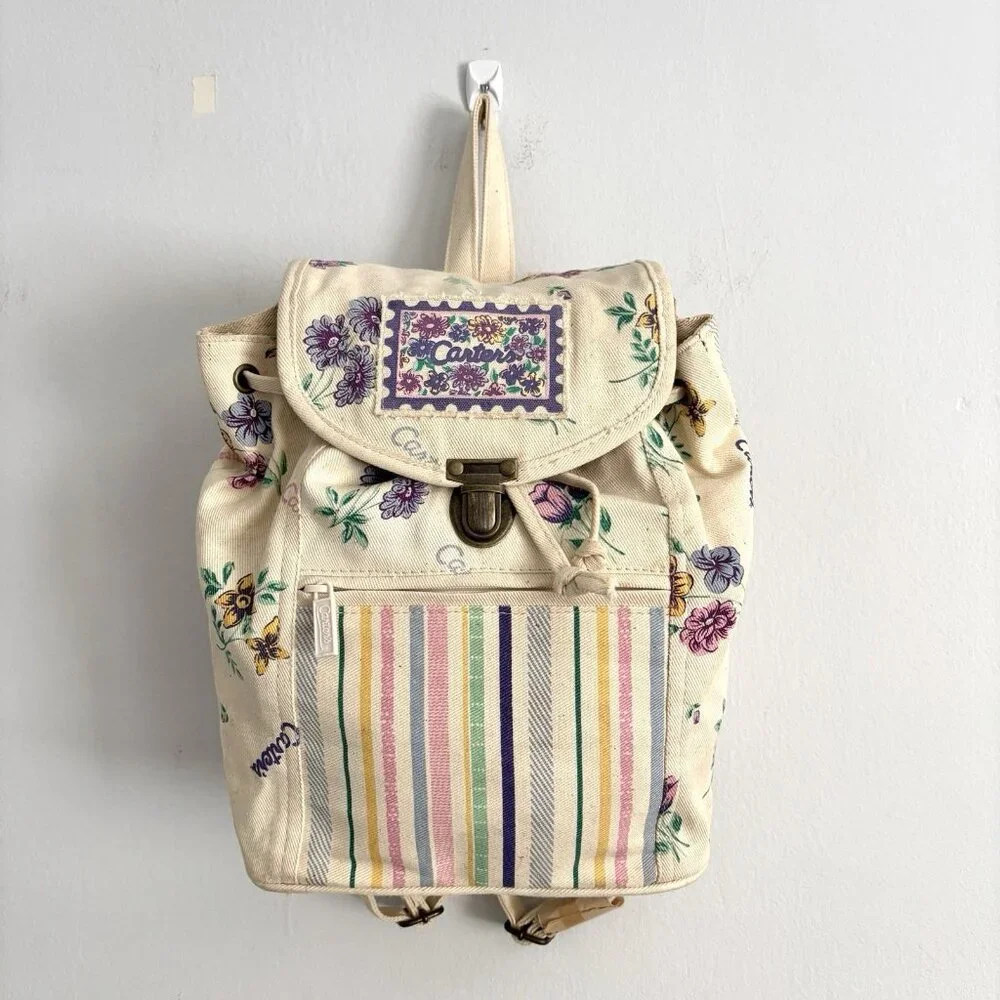 Carter’s Vintage Canvas Drawstring Backpack Cream Floral and Stripe Pattern